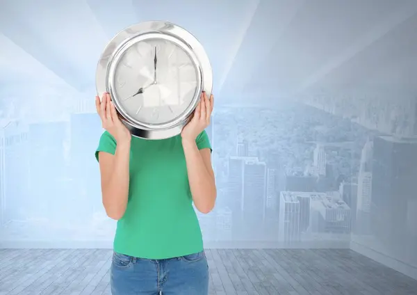 Woman holding clock — Stock Photo, Image