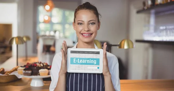 Woman holding tablet with e-learning information — Stock Photo, Image