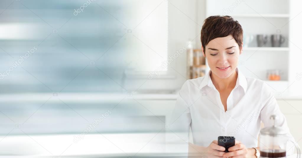 Happy business woman using phone