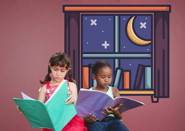 Kinderen lezen voor roze achtergrond — Stockfoto