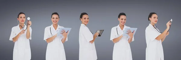 デバイスのコラージュを保持している医師女性 — ストック写真