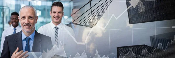 Business men smiling with city finance graph transition — Stock Photo, Image