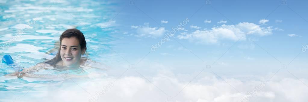 Woman in Swimming pool with sky transition