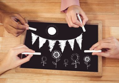 Çizim ellerini güneş çiçekler ve yazı tahtası üzerinde bayraklar