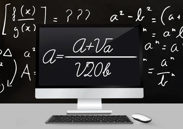 Computer Desk foreground with blackboard graphics — Stock Photo, Image