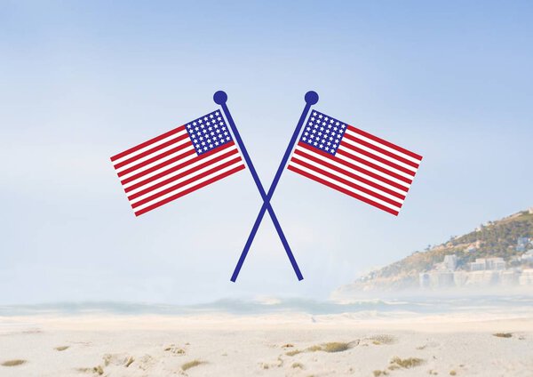 USA flags in the beach