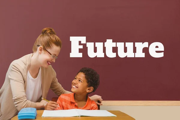 Étudiant garçon et enseignant à table contre tableau rouge avec texte futur — Photo