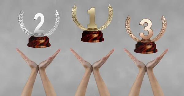 Women with trophies on hands — Stock Photo, Image