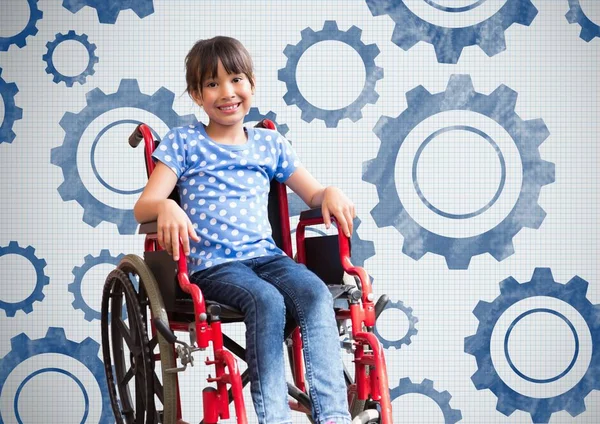 Fille handicapée en fauteuil roulant avec réglages engrenages — Photo