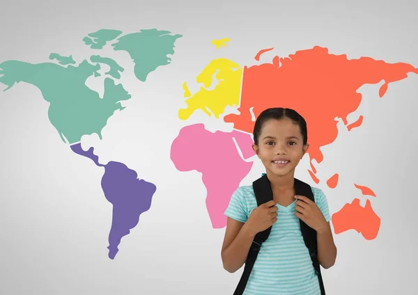Schoolgirl in front of colorful world map — Stock Photo, Image