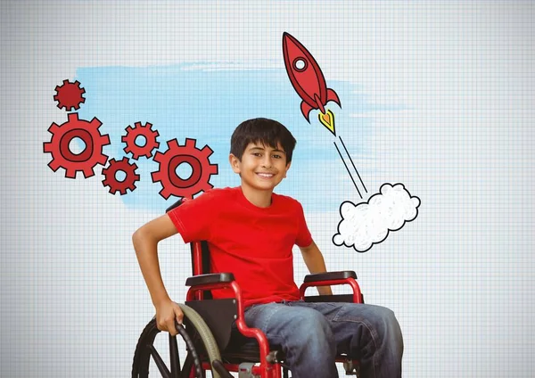 Хлопчик з обмеженими можливостями у інвалідному візку з графікою — стокове фото