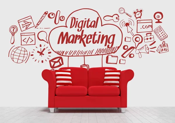 Gráfico conceitual de marketing digital na parede da sala 3D — Fotografia de Stock