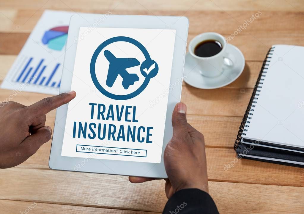 Person using a tablet with travel insurance