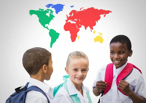 School kids laughing in front of world map — Stock Photo, Image