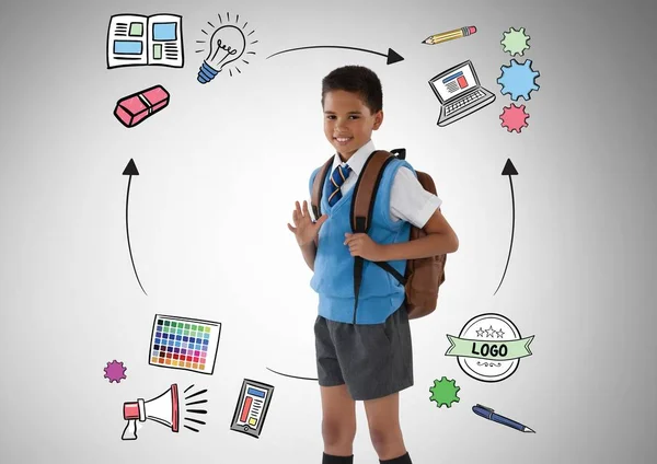 Skola pojke framför utbildning grafik — Stockfoto