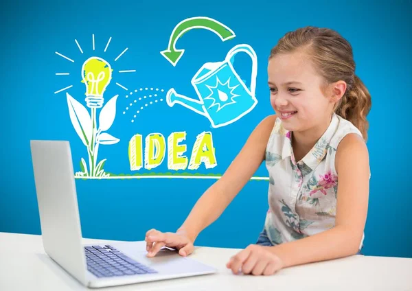 Girl on laptop with colorful idea graphics — Stock Photo, Image