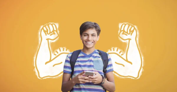 Menino estudante feliz com punhos — Fotografia de Stock