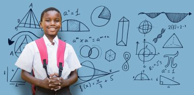 Çantanı mavi arka plan ile öğrenci