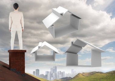 İşkadını ev simgelerinin şehir üzerinde çatı üzerinde