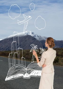 İş kadını seyahat kutsal kişilerin resmi üstünde belgili tanımlık yol çizim