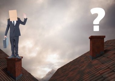 Soru işareti ve işadamı çatıların üzerinde duran 