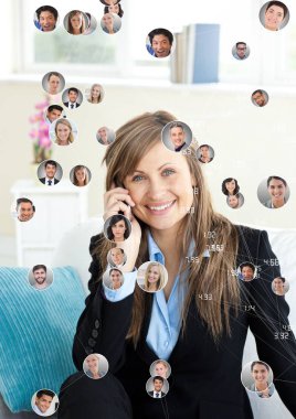 Digital composite of Woman holding phone with Profile portraits of people contacts clipart