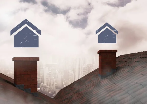 House icons over roof chimneys — Stock Photo, Image