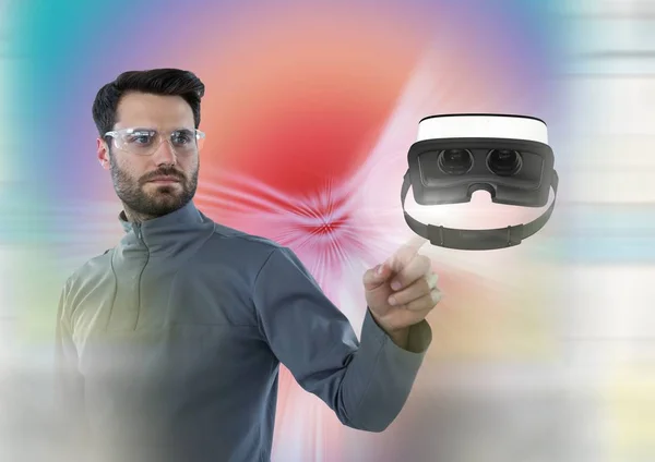 Mies koskettaa virtuaalitodellisuus kuulokkeet — kuvapankkivalokuva