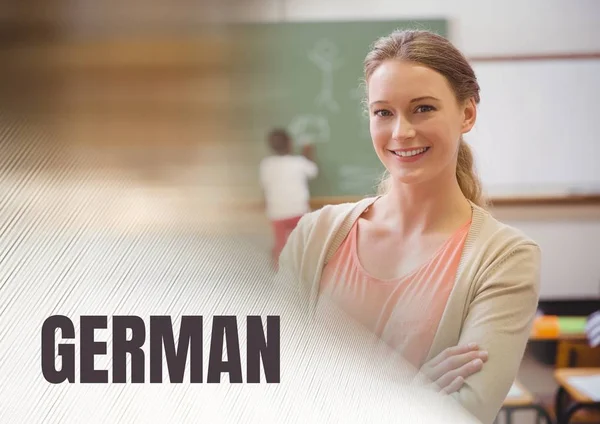 German text and School teacher with class — Stock Photo, Image