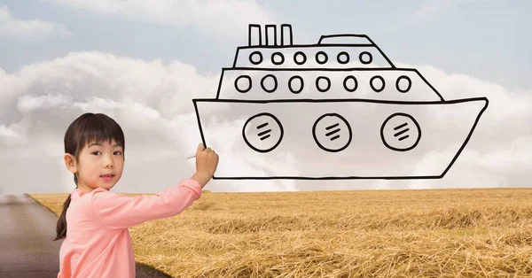 Девушка рисует корабль на дороге — стоковое фото