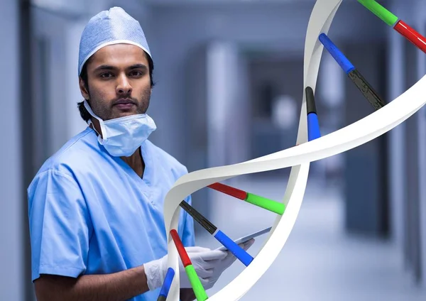 Médico em pé com fita de DNA 3D — Fotografia de Stock