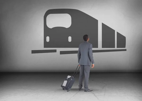 Zakenman met reistas met trein pictogram opzoeken — Stockfoto