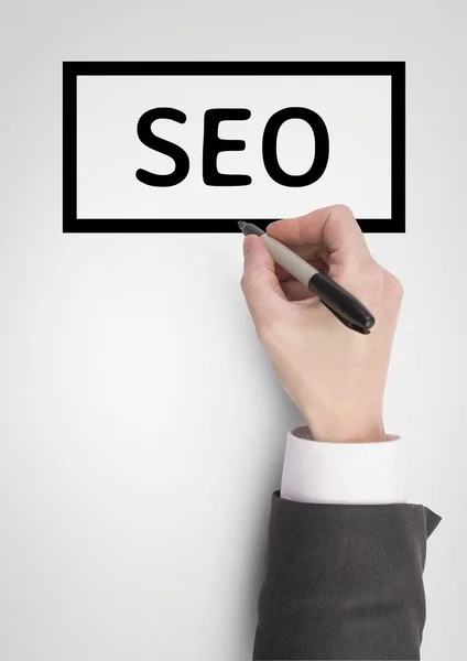 Hand interagiert mit seo business text — Stockfoto