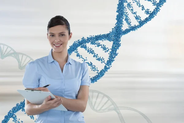 Médico segurando uma pasta com fios de DNA 3D — Fotografia de Stock