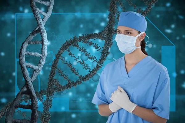 Läkare-kvinna som står med 3d Dna-strängar — Stockfoto