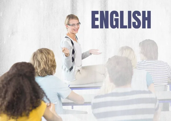 Английский текст и учитель с классом — стоковое фото