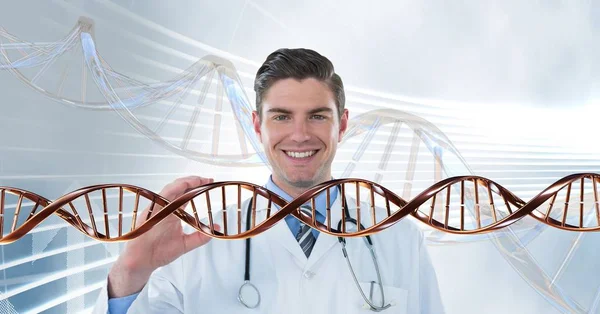 Homem médico feliz com fita de DNA 3D — Fotografia de Stock