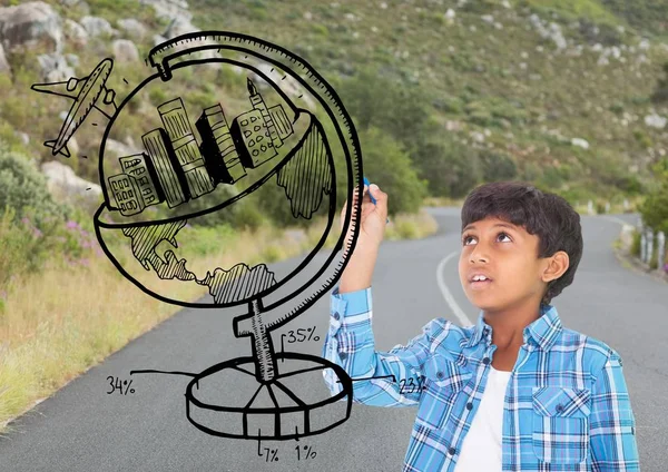 道路上の地球を描く少年 — ストック写真