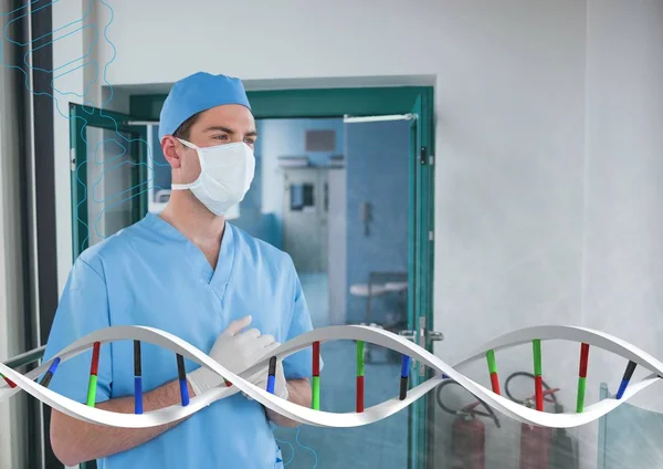 Доктор людина стоїть з 3D ланцюжком ДНК — стокове фото