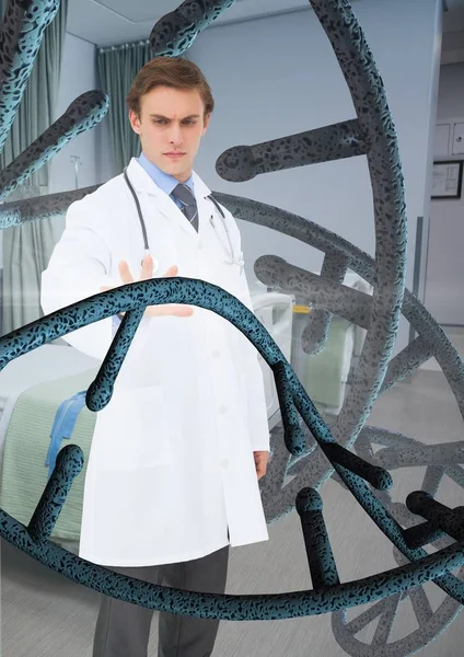 Arzt Mann interagiert mit 3D-Dna-Strängen — Stockfoto