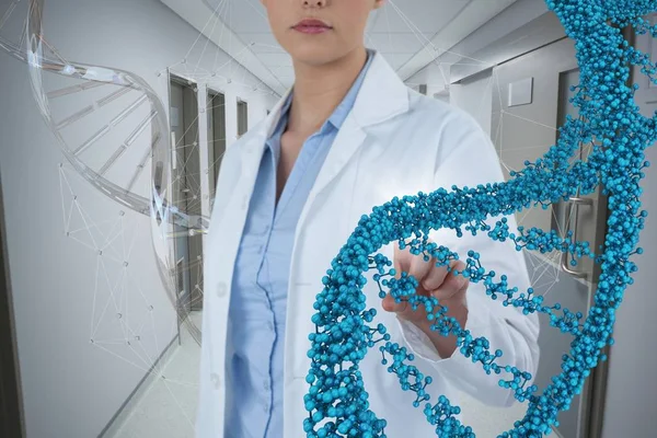 Doktor kadın 3D Dna dizisi ile etkileşim — Stok fotoğraf