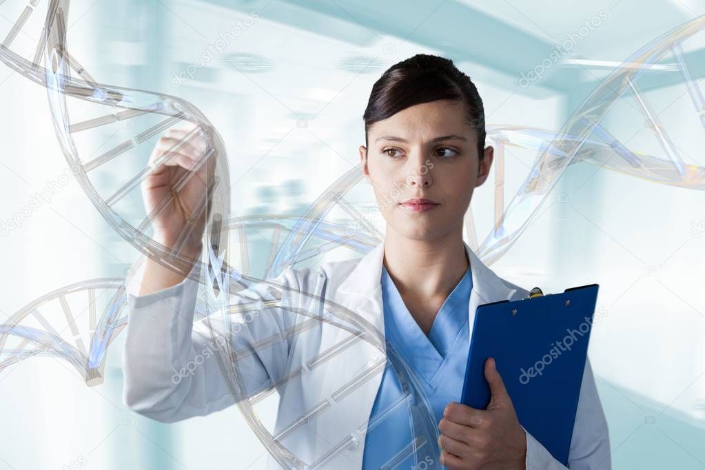 Doctor woman interacting with 3D DNA strands