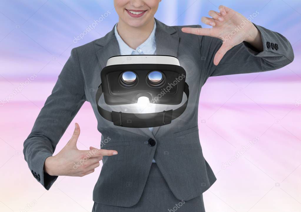 Woman touching virtual reality headset 