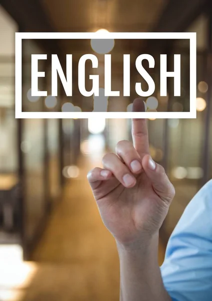 Mano che interagisce con il testo commerciale inglese — Foto Stock