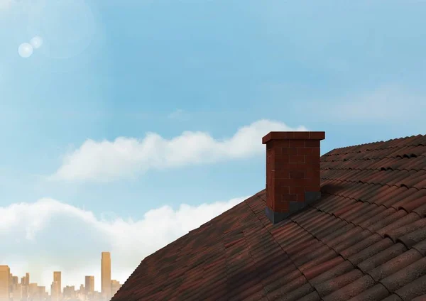 Roof with chimney and city under sky — Stock Photo, Image