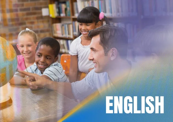 Englischer Text und Grundschullehrerin mit Klasse — Stockfoto