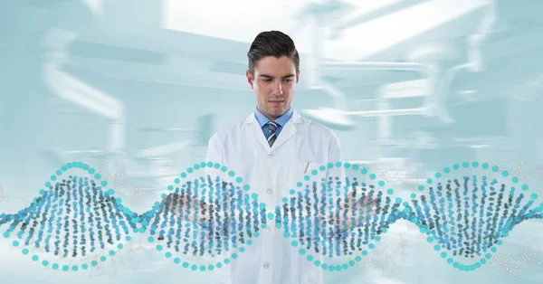 Homem médico interagindo com fita de DNA 3D — Fotografia de Stock