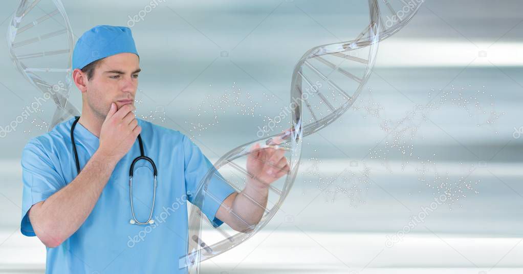 Doctor standing with 3D DNA strand
