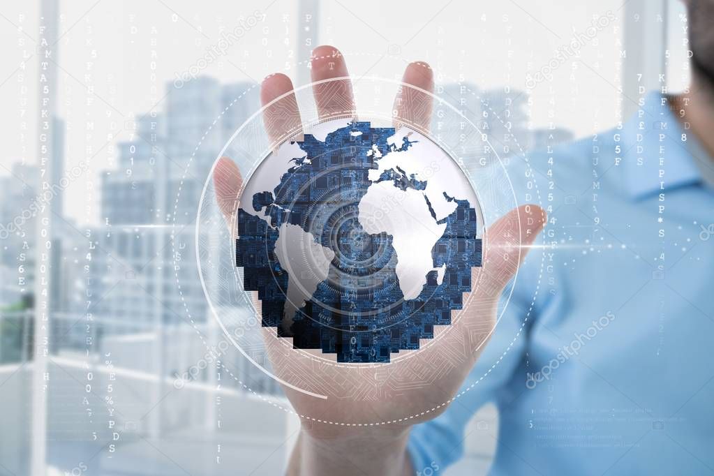 Business man holding a globe with connectors