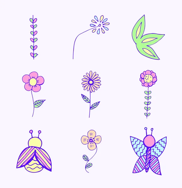 Conjunto vectorial de varias flores e insectos — Vector de stock